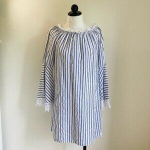 Lungo La’rno Striped Linen Dress W/ Bell Sleeves & Lace Detail Size S 100% Linen